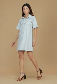 Grey Striped Woven Cotton Shirt Dress image 3
