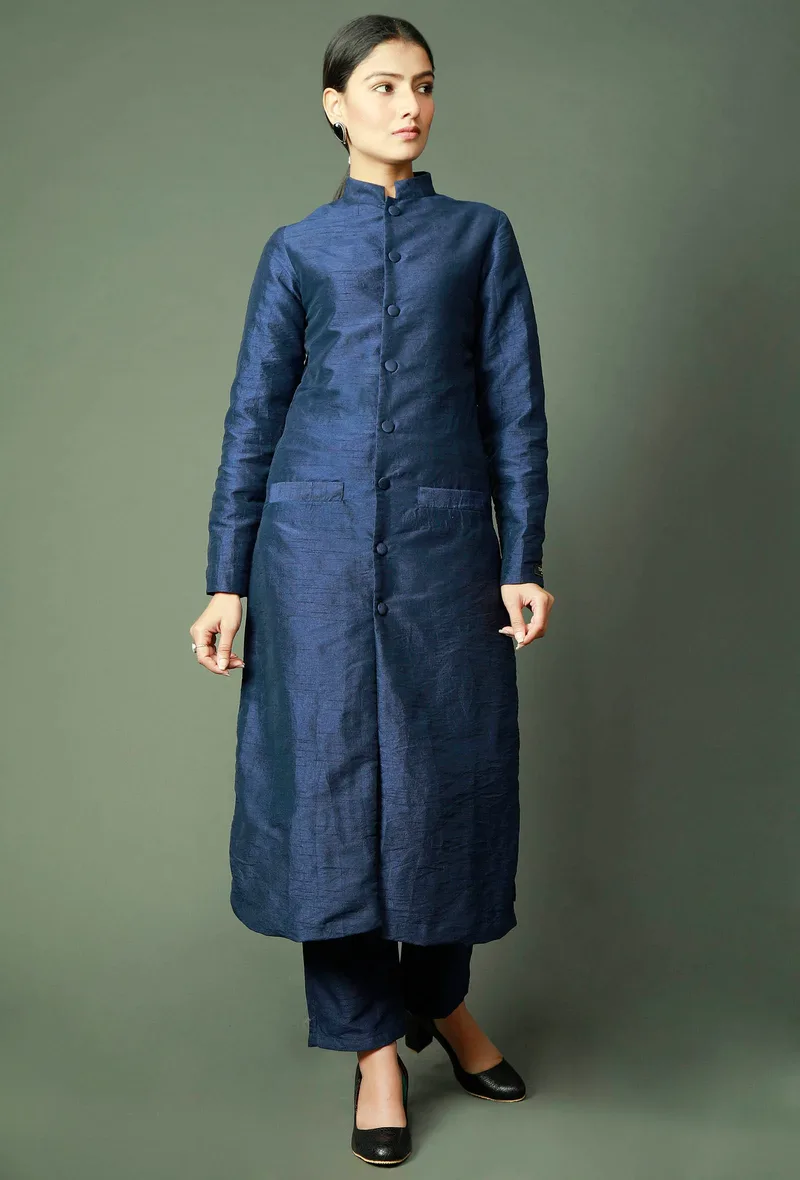 Set Of 2: Navy Blue Raw Silk Achkan And Pants