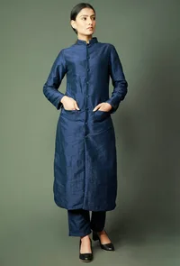 Set Of 2: Navy Blue Raw Silk Achkan And Pants image 2