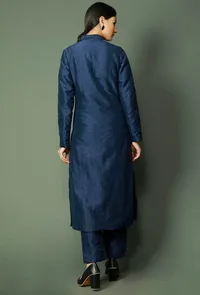 Set Of 2: Navy Blue Raw Silk Achkan And Pants image 3