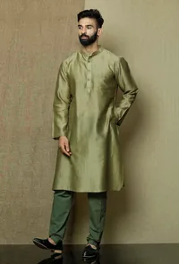 Set of 2:Olive Green Pure Banarasi Silk Chanderi Kurta with Moss Green Cotton Cambric Pyjama image 1