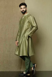 Set of 2:Olive Green Pure Banarasi Silk Chanderi Kurta with Moss Green Cotton Cambric Pyjama image 2