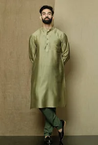 Set of 2:Olive Green Pure Banarasi Silk Chanderi Kurta with Moss Green Cotton Cambric Pyjama image 3