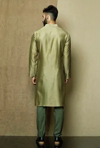 Set of 2:Olive Green Pure Banarasi Silk Chanderi Kurta with Moss Green Cotton Cambric Pyjama image 4