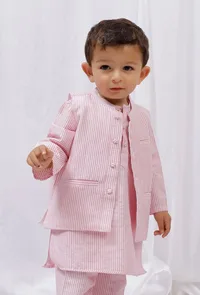 Pink Striped Nehru Cotton Sleeveless Jacket image 1