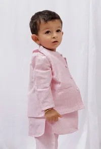 Pink Striped Nehru Cotton Sleeveless Jacket image 2