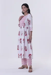 White Cotton Block Printed With Red Motif Kurta image 2