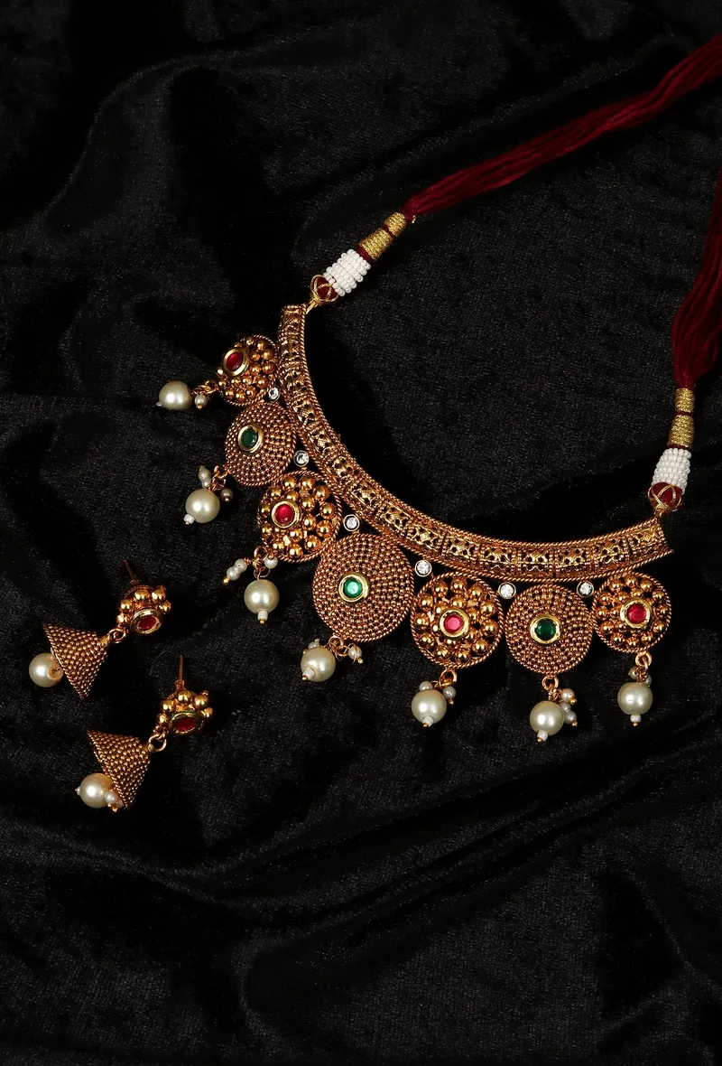 Nayantara Temple Heritage Kemp Necklace Set with Pearls