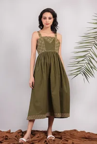Olive Green Kantha Embroidered Strappy Gathered Dress image 1