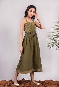 Olive Green Kantha Embroidered Strappy Gathered Dress image 3