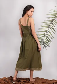 Olive Green Kantha Embroidered Strappy Gathered Dress image 4