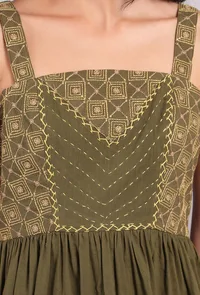 Olive Green Kantha Embroidered Strappy Gathered Dress image 5