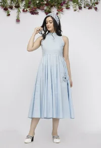 Set of 2: Plain Blue Cotton Anarkali with Hand-Block Printed Kota Jacket image 2