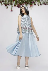 Set of 2: Plain Blue Cotton Anarkali with Hand-Block Printed Kota Jacket image 3