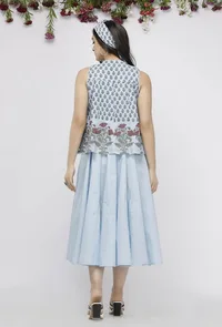 Set of 2: Plain Blue Cotton Anarkali with Hand-Block Printed Kota Jacket image 4