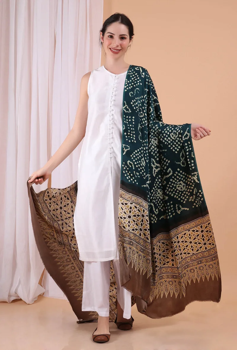 Teal Bandhani Ajrakh Modal silk Dupatta