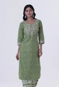 Green & White Color Cotton Block Printed Kurta image 1