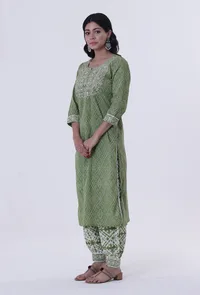 Green & White Color Cotton Block Printed Kurta image 2