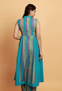 Blue Multicolor Flared Sleeveless Woven Kurta image 4
