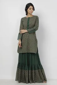 Set of 2: Irvin Bottle Green Floral Hand-Block Printed Cotton Short Kurta with Printed Sharara image 4
