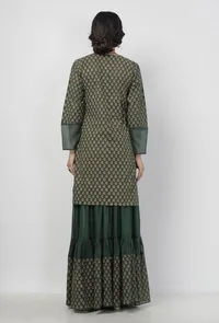 Set of 2: Irvin Bottle Green Floral Hand-Block Printed Cotton Short Kurta with Printed Sharara image 5