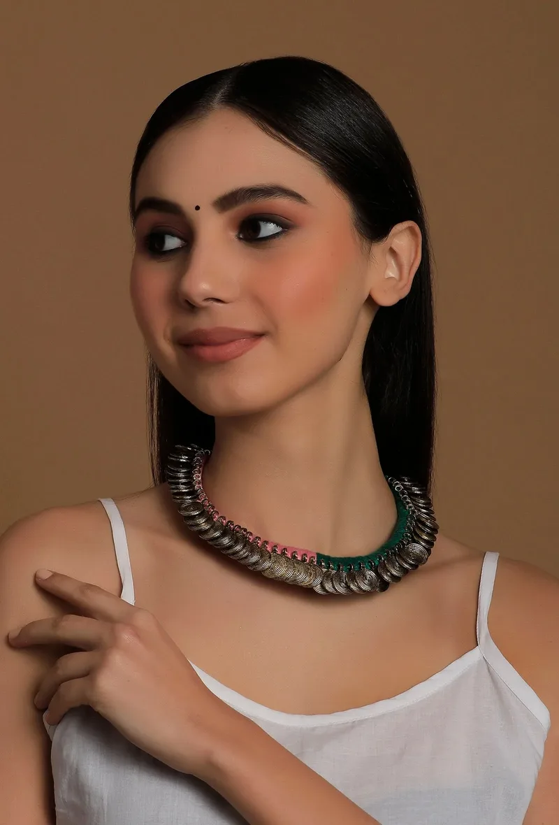 Kaashi Duo Green and Pink Tribal Gold Coin Necklace