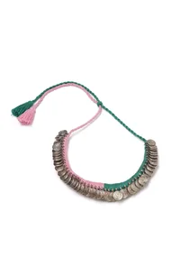 Kaashi Duo Green and Pink Tribal Gold Coin Necklace image 2