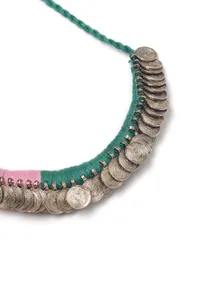 Kaashi Duo Green and Pink Tribal Gold Coin Necklace image 3