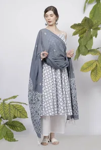 Set-of 3- Powder Blue  Criss Cross Hand-Block Printed Cotton Slip Kurta with White Flared Palazzo and Powder Blue Hand-Block Printed Kota  Dupatta image 1