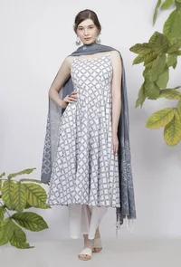 Set-of 3- Powder Blue  Criss Cross Hand-Block Printed Cotton Slip Kurta with White Flared Palazzo and Powder Blue Hand-Block Printed Kota  Dupatta image 2