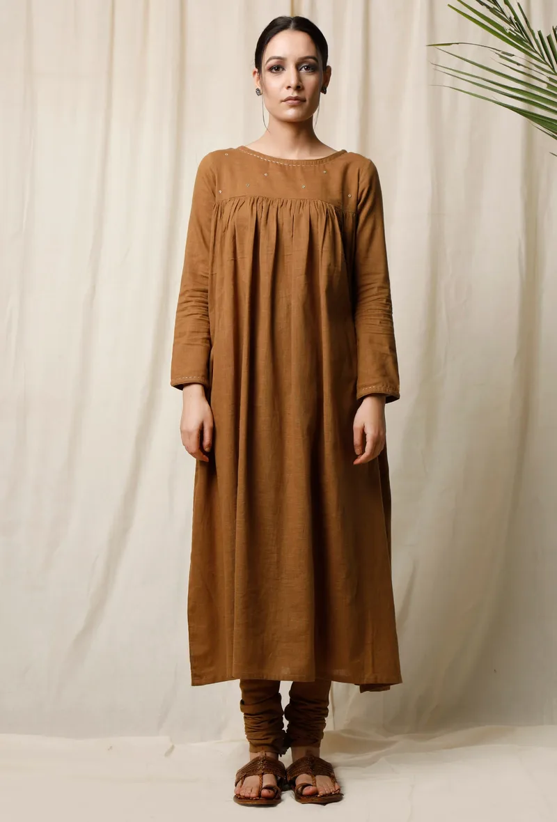 Set of 2: Khaki Gathered Kurta & Churidaar