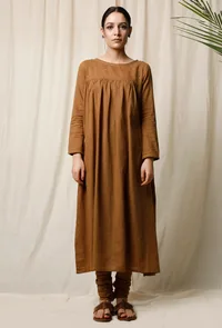 Set of 2: Khaki Gathered Kurta & Churidaar image 1