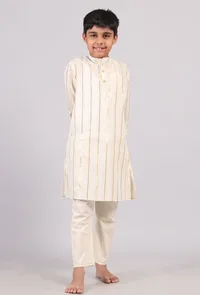 Set Of 2: White Cotton Golden Stripes Kurta Pyjama Set image 1