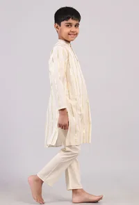 Set Of 2: White Cotton Golden Stripes Kurta Pyjama Set image 2