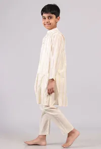 Set Of 2: White Cotton Golden Stripes Kurta Pyjama Set image 3