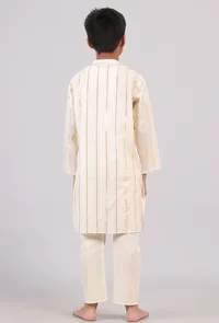 Set Of 2: White Cotton Golden Stripes Kurta Pyjama Set image 4