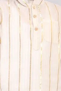 Set Of 2: White Cotton Golden Stripes Kurta Pyjama Set image 5