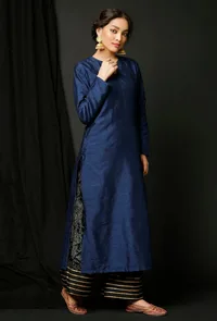 Set  of 2 : Blue Raw Silk Achkan and Black Velvet Pallazo image 3