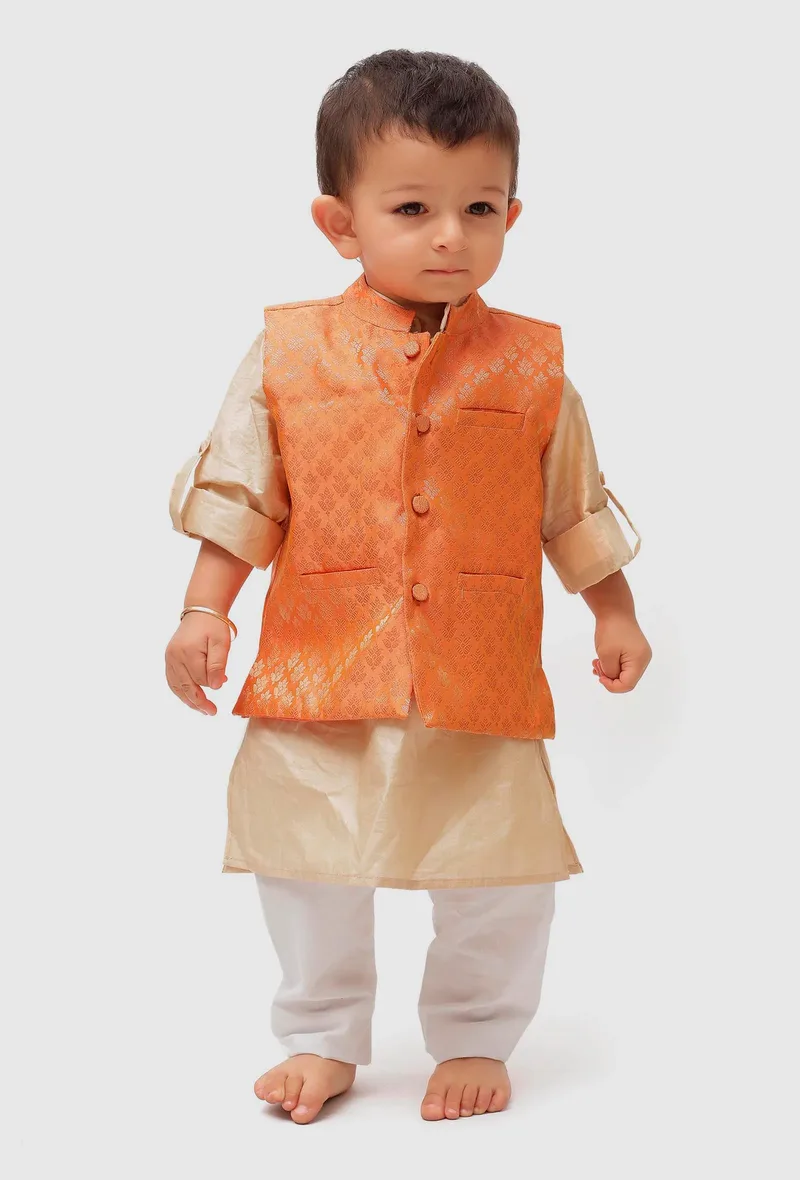 Set Of 3: Honey Orange Brocade Nehru Jacket And Cotton Silk Kurta Pyjama