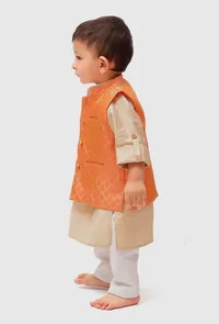 Set Of 3: Honey Orange Brocade Nehru Jacket And Cotton Silk Kurta Pyjama image 2