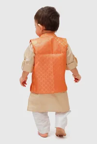 Set Of 3: Honey Orange Brocade Nehru Jacket And Cotton Silk Kurta Pyjama image 3