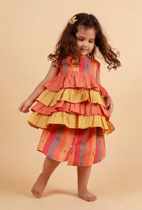 Set of 2:orange Stripe Top With Orange And Multicolor Stripe Skirt image 2