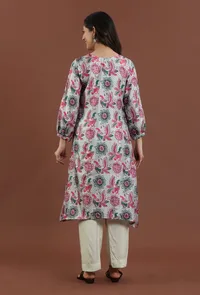 Elegant Off-White Kalamkari Printed Silk A-Line Kurta image 4