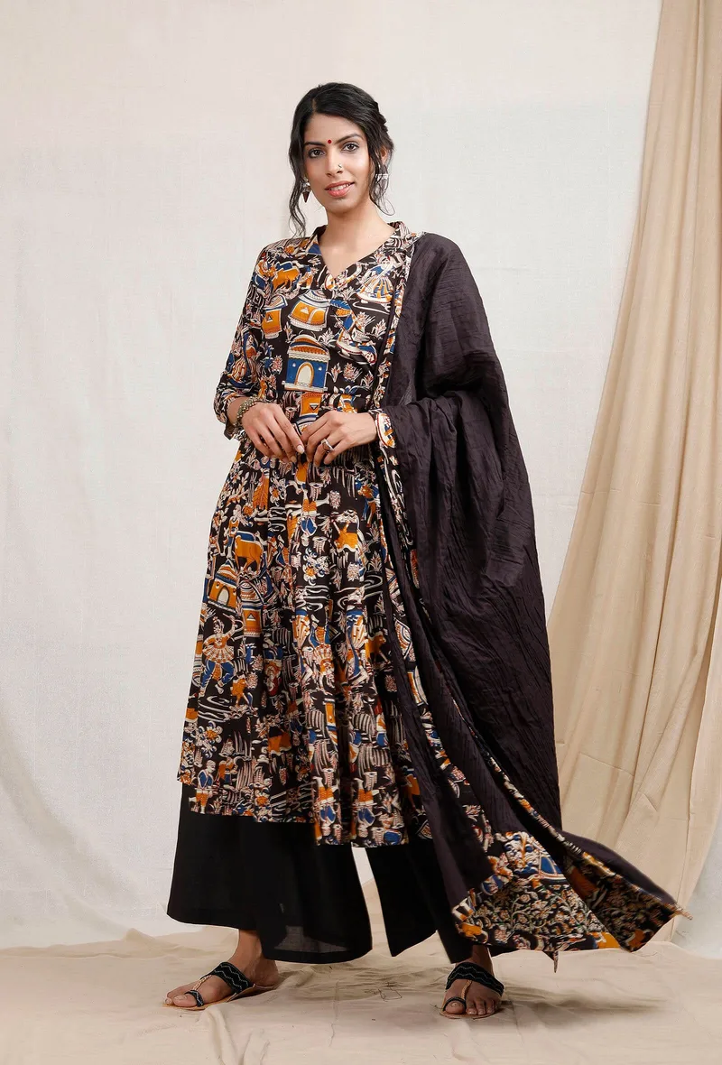 Set Of 3: Kalamkari Triple Print Kurta With Palazzos And Dupatta