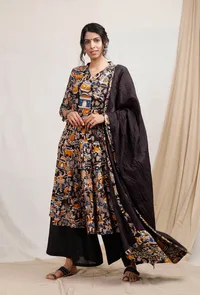 Set Of 3: Kalamkari Triple Print Kurta With Palazzos And Dupatta image 1