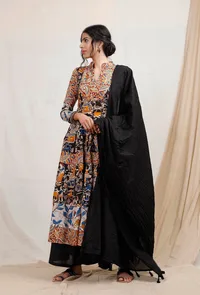 Set Of 3: Kalamkari Triple Print Kurta With Palazzos And Dupatta image 2