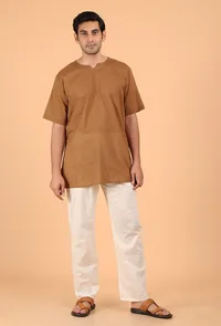 Tan Brown Cotton Mulmul Short Kurta & White Pant image 1
