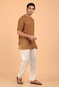 Tan Brown Cotton Mulmul Short Kurta & White Pant image 2