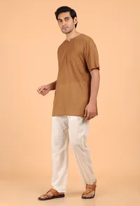 Tan Brown Cotton Mulmul Short Kurta & White Pant image 3