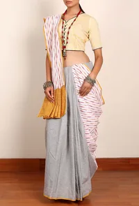 Light Grey & Yellow Ikat South Cotton Saree image 1